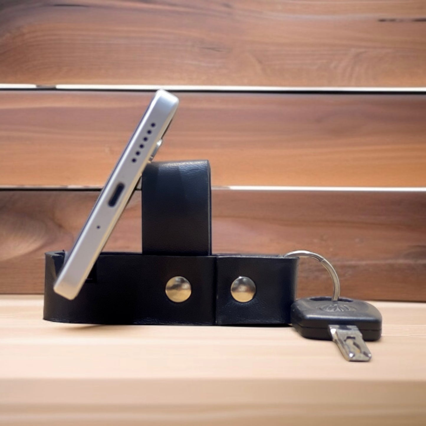 Genuine Leather Keychain with Built-in Mobile Stand
