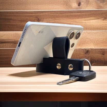 Genuine Leather Keychain with Built-in Mobile Stand