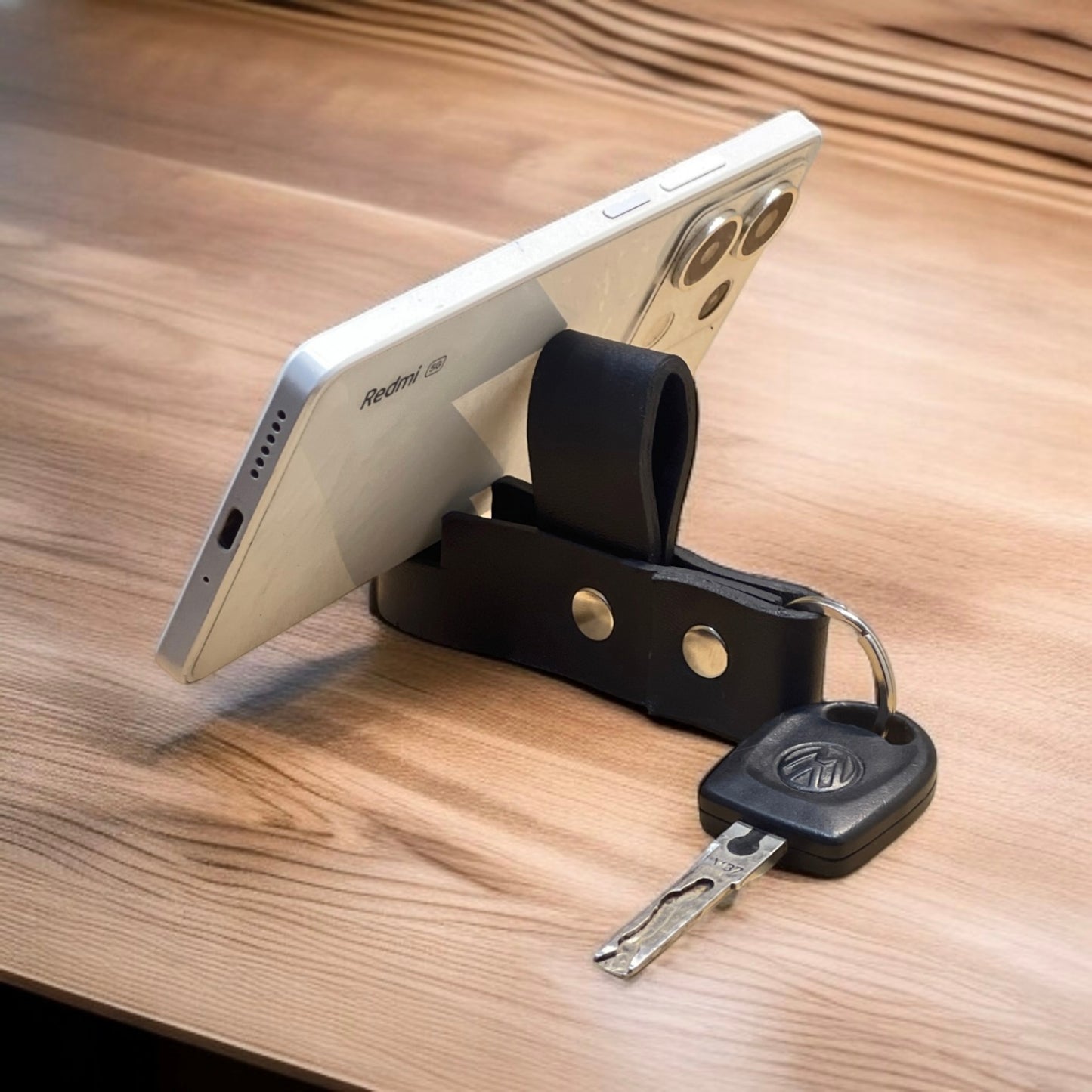 Genuine Leather Keychain with Built-in Mobile Stand